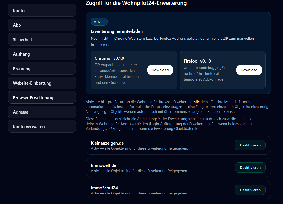Screenshot der Wohnpilot24-Kontoeinstellungen: Freigabe der Browser-Erweiterung je Portal für Kleinanzeigen.de, Immowelt.de und ImmoScout24 sowie Download für Chrome und Firefox